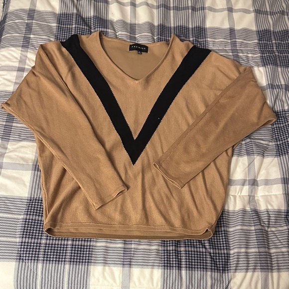 Premise Camel V-Neck Sweater with Black Accent - Picture 1 of 2